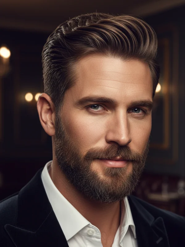 Brush Back with Mid Skin Fade and A Beard