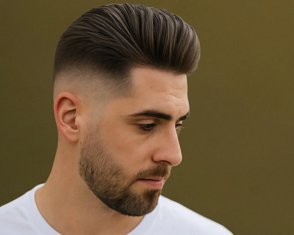 Mid Fade Haircut: 30 Stylish & Trendy Variations 8 High Volume Brush Back with Mid Skin Fade and Beard