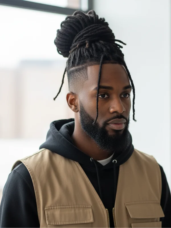 40 Perfect Mid Taper Fade Haircuts for Men 2025 29 Dreadlock Bun with Mid Taper Fade